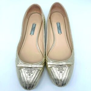 Prada Pale Gold Quilted leather logo embellished bowtie ballerina flats EU 38.5